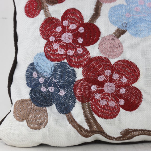 White Floral Embroidered Bird and Blossom Pillow For Sale - Image 8 of 10