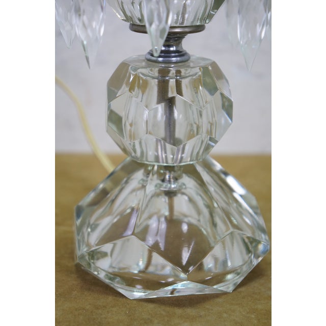 2 Mid Century Etched Glass Crystal Hurricane Candlestick Boudoir Lamps 20" For Sale - Image 16 of 18