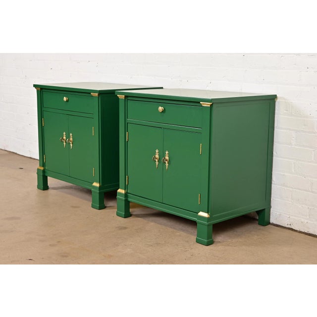 French Baker Furniture French Empire Green Lacquered Nightstands, Newly Refinished For Sale - Image 3 of 12