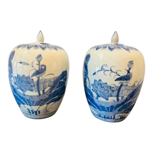 Pair of Vintage Chinese Blue & White Porcelain Ginger Jars With Lids | Chinoiserie Lotus & Bird Motif | Hand-Painted Cobalt Decor