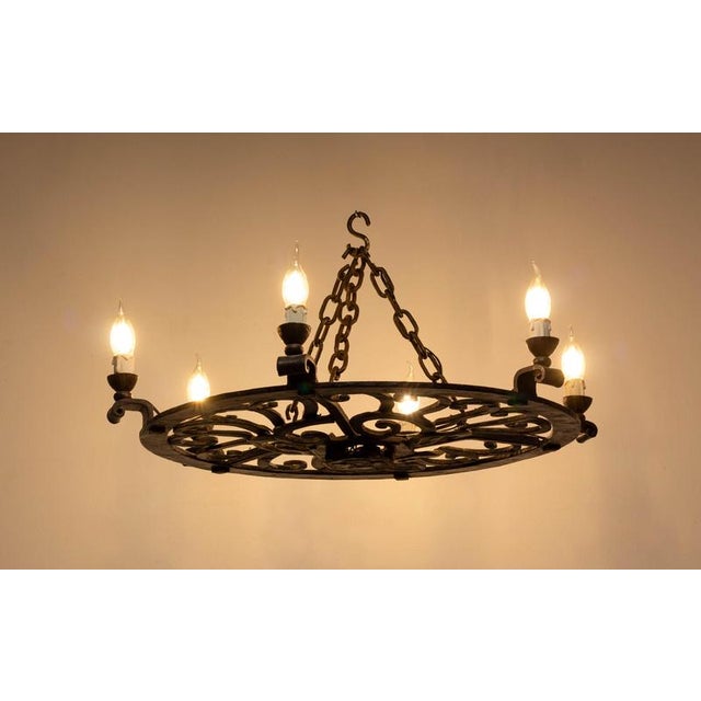 Brown Large Circular Wrought Iron Chandelier, France, 1940 For Sale - Image 8 of 9