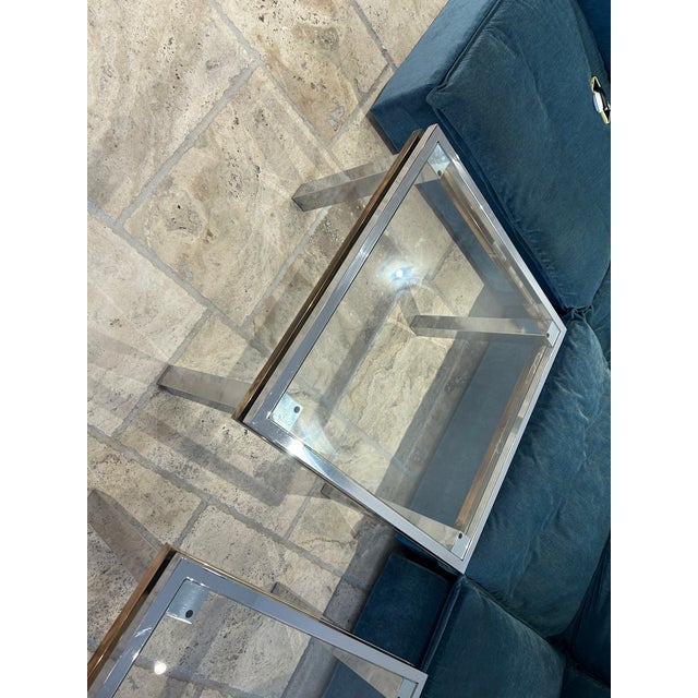Pair of MCM Polished Steel & Brass Side, Accent, or Coffee Tables For Sale - Image 4 of 6