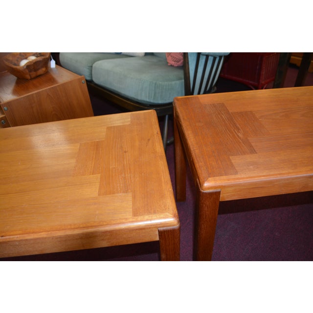 Pair Mobelfabrik Denmark Golden Solid Teak Wood Rectangular End / Side Tables - Mid Century For Sale - Image 11 of 17