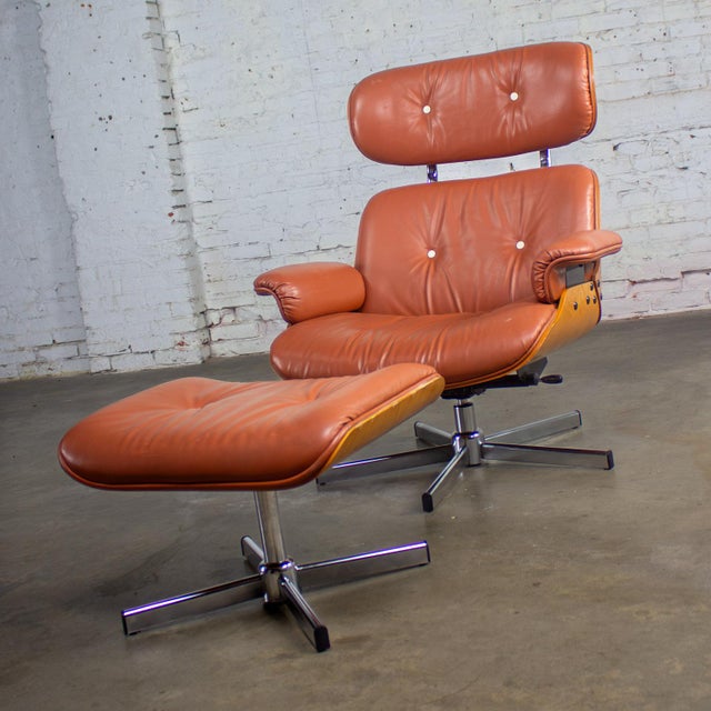 Mid 20th Century MCM Style Mid to Late 20th Century Plycraft Lounge Chair & Ottoman in Saddle Color Italian Leather For Sale - Image 5 of 18