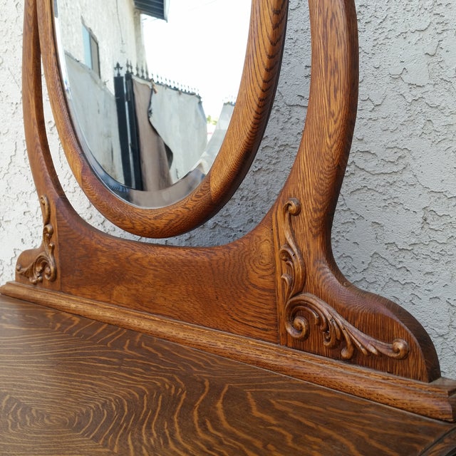 1900s Antique American Tiger Oak Tall Serpentine Highboy With Mirror