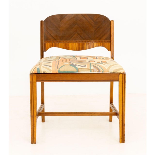 American Art Deco Mirrored Marquetry Inlaid Walnut Vanity and Chair For Sale - Image 13 of 16