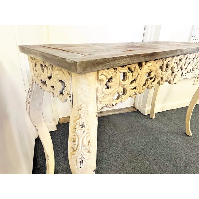 Beige Carved Wood Console Table With Distressed Finish and Driftwood-Look Top For Sale - Image 8 of 11