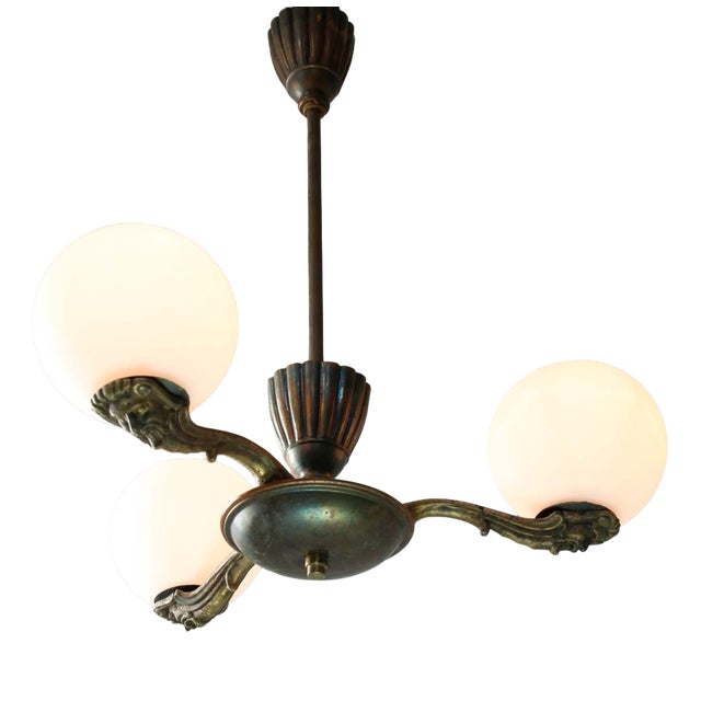 Art Deco French Brass Figural Chandelier, 1930 For Sale