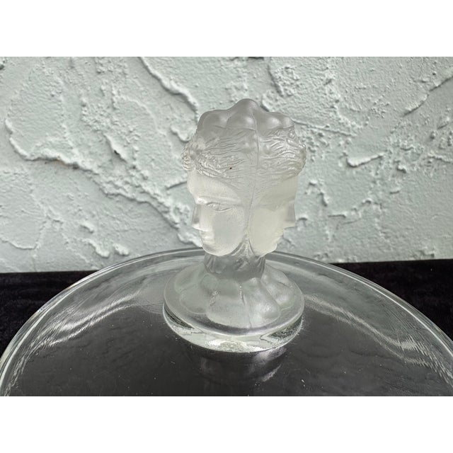 Vintage Duncan Miller Frosted Figural Faces Covered Compote Dish / Art Deco Satin Glass Candy Bowl For Sale - Image 9 of 9