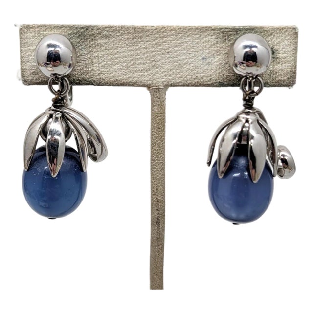 Vintage Signed Napier Cumquat Rhodium Plated Blue Moonglow Resin Drop Clip Earrings-2 Pieces For Sale