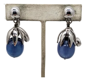 Vintage Signed Napier Cumquat Rhodium Plated Blue Moonglow Resin Drop Clip Earrings-2 Pieces