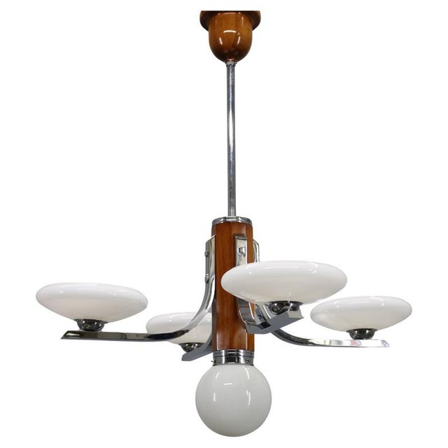 Art Deco Chrome and Walnut Chandelier with Milky Glass Shades, Former Czechoslovakia, 1930s For Sale - Image 15 of 15