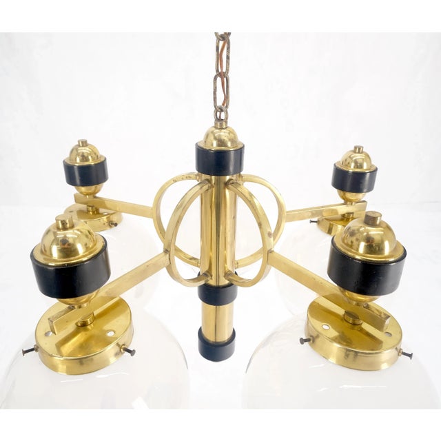 Mid Century Milk Amber Glass 4 Globe Shades Brass Light Fixture Chandelier For Sale - Image 6 of 8