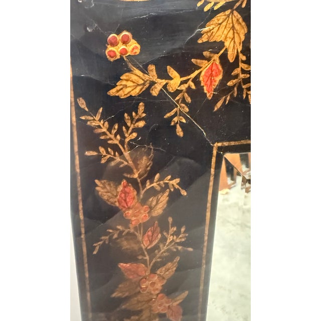Black Vintage Chinoiserie Style Black Lacquer Hand-Painted Floral Mirror For Sale - Image 8 of 12
