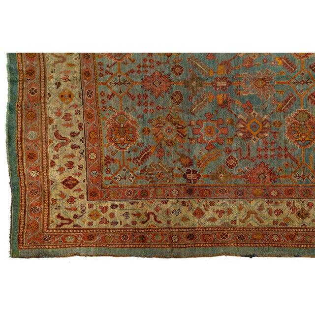Textile Antique Turkish Oushak Rug - Large Hand-Knotted With Muted Teal & Earth Tones For Sale - Image 7 of 11