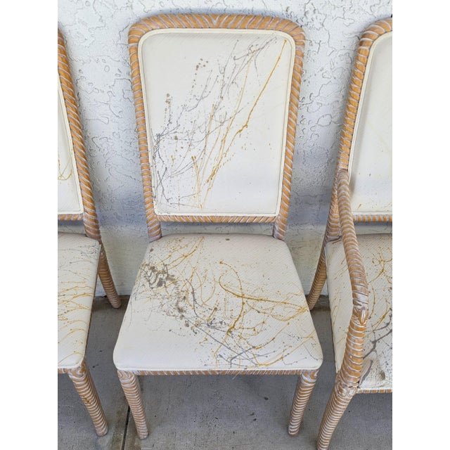 Wood Coastal Carved Faux Rope Solid Wood Dining Chairs Abstract Upholstery Set of 6 For Sale - Image 7 of 18