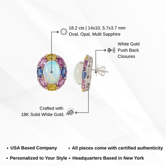 18k White Gold 18.2ct Opal & Multi Sapphire Cluster Stud Earrings With Diamonds- 2 Pieces For Sale - Image 11 of 15
