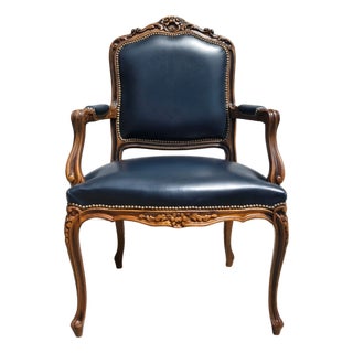 Chateau d'Ax French Bergere Fauteuil Blue Leather Arm Chair For Sale