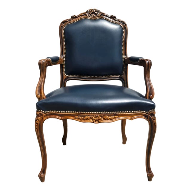 Chateau d'Ax French Bergere Fauteuil Blue Leather Arm Chair For Sale