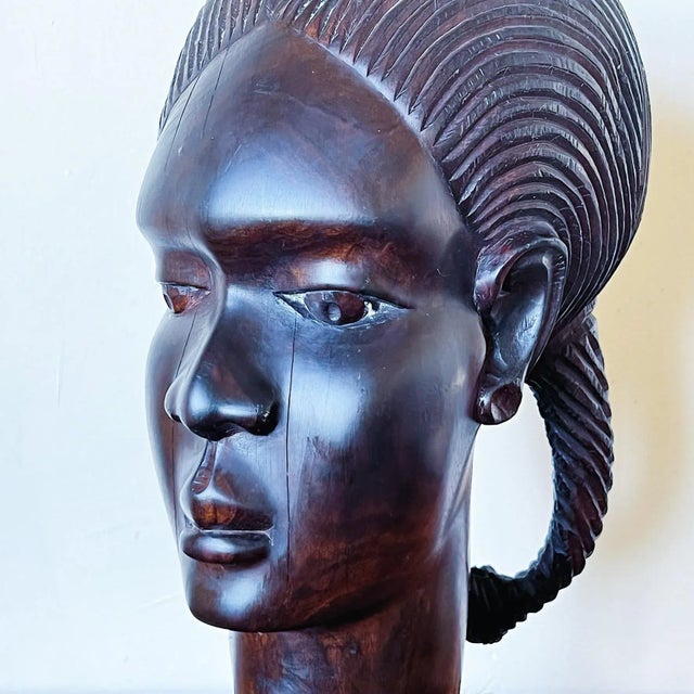Wood Early 20th Century Large Hand-Carved Bust of African Woman in Wood For Sale - Image 7 of 10