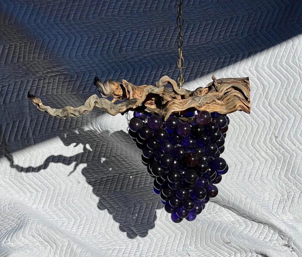 Mid-Century Large Lucite Grape & Driftwood Hanging Pendant Light