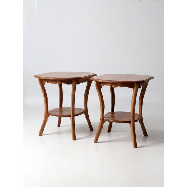 Brown Vintage Oak Side Tables With Carved Wheat Sheaf Apron Pair For Sale - Image 8 of 9