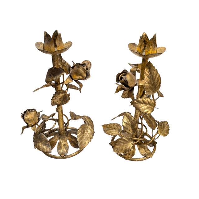 This stunning pair of vintage Italian gilt toleware candleholders features an intricate rose and leaf design, handcrafted...