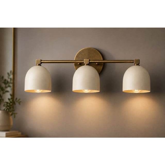 Handcrafted Solid Brass 3-Light Wall Sconce, Antique Brass Vanity Light With White Shades For Sale - Image 4 of 8