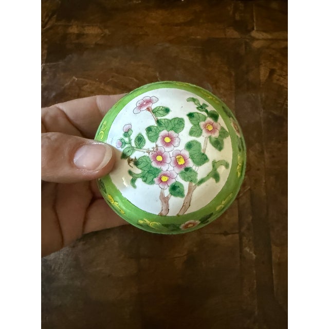 Paint Vintage Apple Green Canton Enamel Floral Trinket Box For Sale - Image 7 of 7