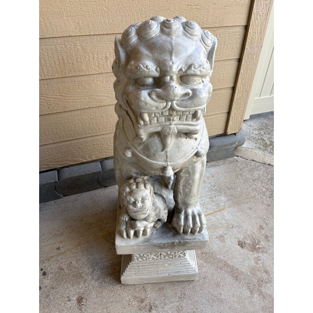 Chinoiserie Monumental 34" Vintage Cast Statue/Sculpture Concrete Foo Dog Guardian Lions - A Pair For Sale - Image 3 of 6