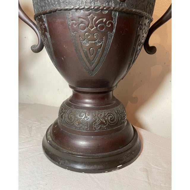 Pair 2 Large Antique Chinese Lidded Incense Urns Vase Figural Bronze Table Lamps For Sale - Image 14 of 14