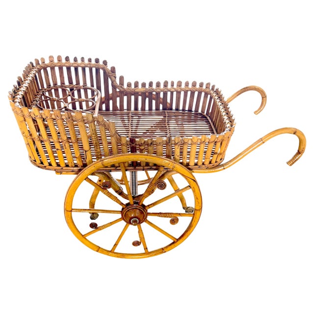 French Modernist Rattan Bar or Flower Cart with Bottle Holders For Sale - Image 6 of 18