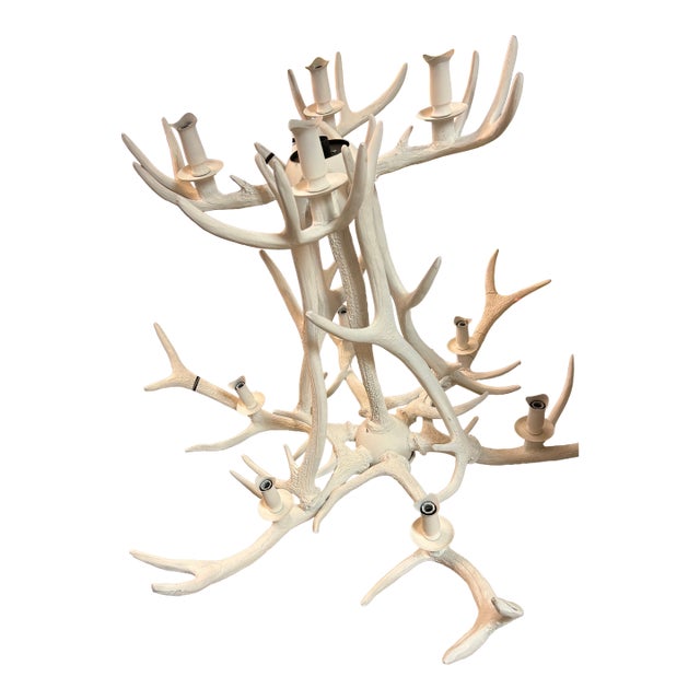 Large White Painted Faux Buckhorn Chandelier For Sale