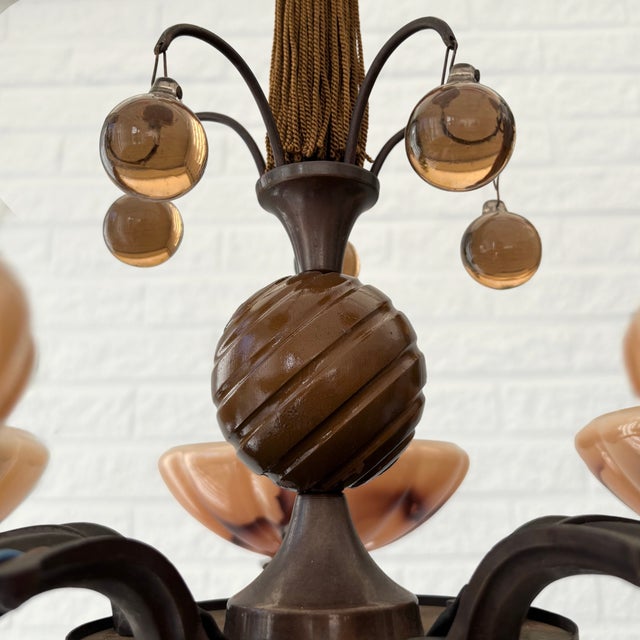 Wood Swedish Grace Art Deco Brass and Glass Chandelier with Prisms, 1930s For Sale - Image 7 of 12