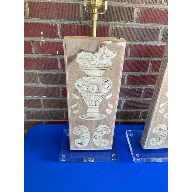 Pair Antique Bleached Marquetry Architectural Fragment Lamps w/Lucite Bases in very good condition. The mahogany wood...