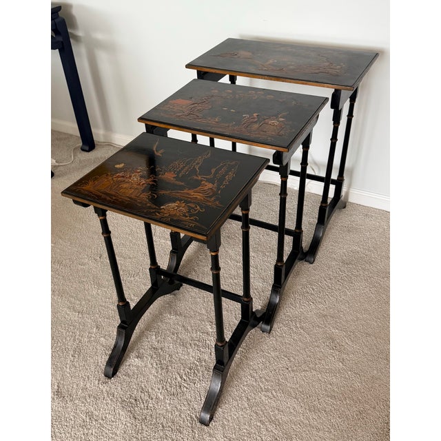 Wood Black Lacquered Chinoiserie Nesting Tables by Beacon Hill For Sale - Image 7 of 18
