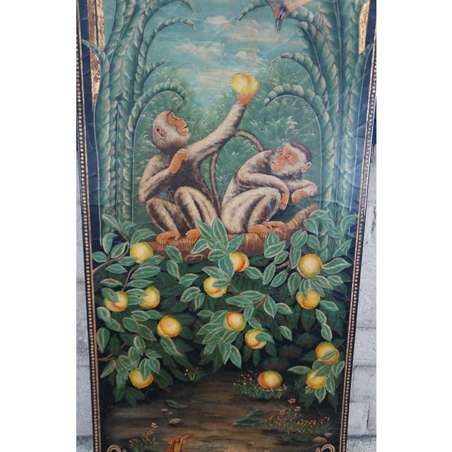 Late 20th Century Late 20th Century Maitland Smith Hand Painted Monkey Landscape Crackled Coromandel Wall Panel - Set of 2 For Sale - Image 5 of 16