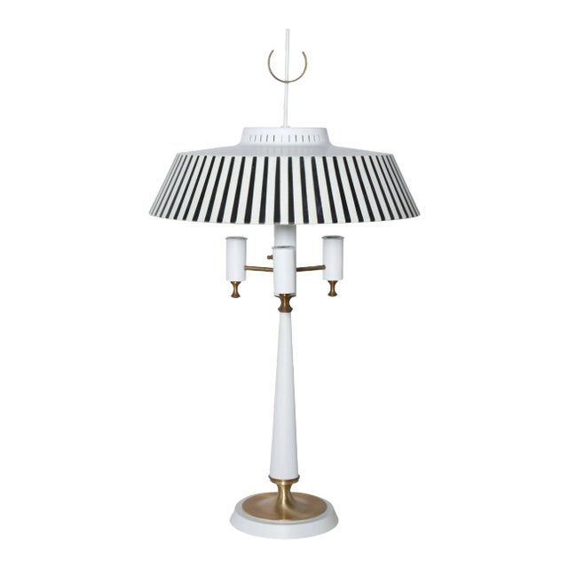 1950s Gerald Thurston White Triple Candlestick Lamp With Black & White Stripe Shade For Sale