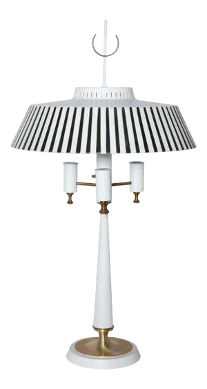 1950s Gerald Thurston White Triple Candlestick Lamp With Black & White Stripe Shade