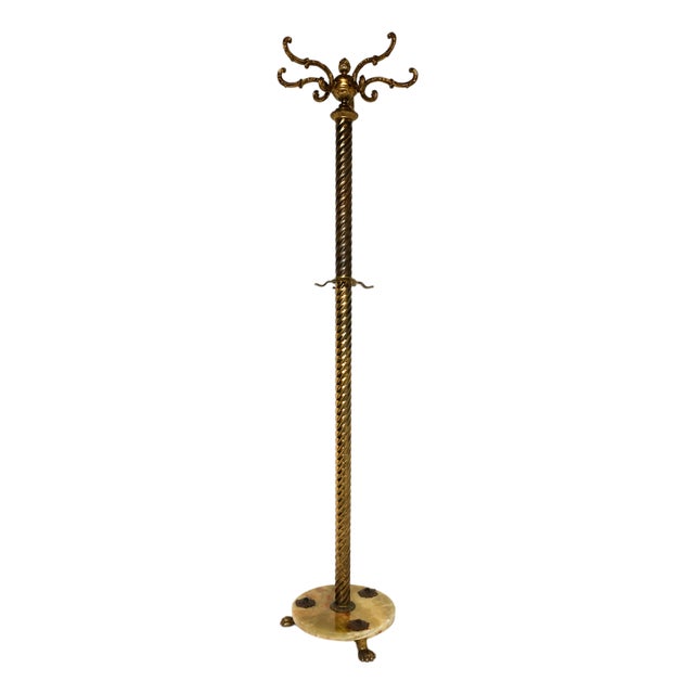 Mid-Century Italian Brass and Onyx Hall Tree Coat Rack with Twisted Column, 1950s For Sale
