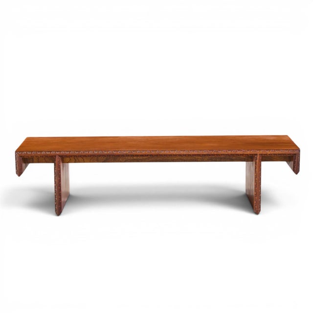Brown Frank Lloyd Wright Taliesin Mid Century Carved Mahogany Bench Coffee Table For Sale - Image 8 of 9