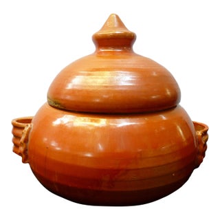 1950s Signed Mid-Century Modern C. Tinel French Studio Pottery Soup Tureen Burnt Orange Fat Lava Glaze For Sale