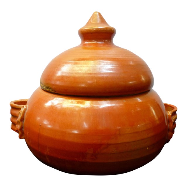 1950s Signed Mid-Century Modern C. Tinel French Studio Pottery Soup Tureen Burnt Orange Fat Lava Glaze For Sale