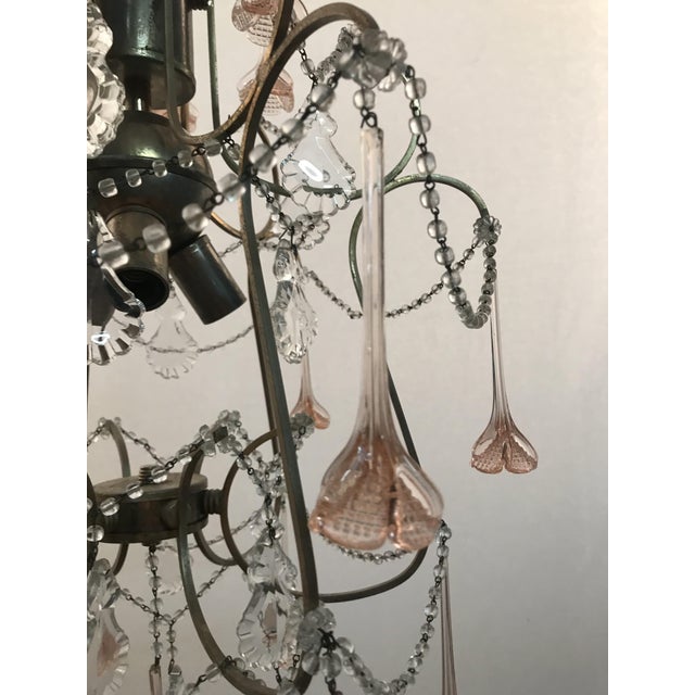 Metal Vintage Chandelier with Pink Murano Flowers For Sale - Image 7 of 8