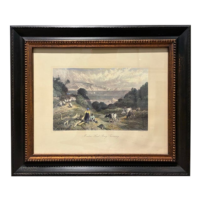 Intage “Moulin Huet Bay, Guernsey” After Birket Foster Coastal Landscape Print in Black & Gold Frame For Sale