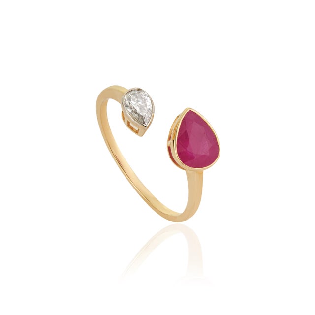 VR Jewels Pear Cut 1.45ct Ruby Diamond Open Face Modern 14k Gold Ring Size 7 For Sale - Image 4 of 18