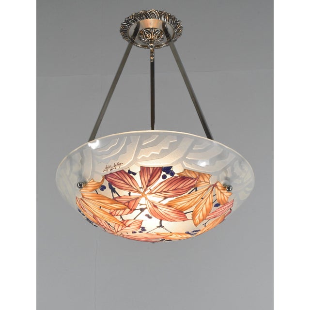 Art Deco Loys Lucha French Art Deco Pendant Light 1930s - Red Orange Floral Enameled Bowl For Sale - Image 3 of 14