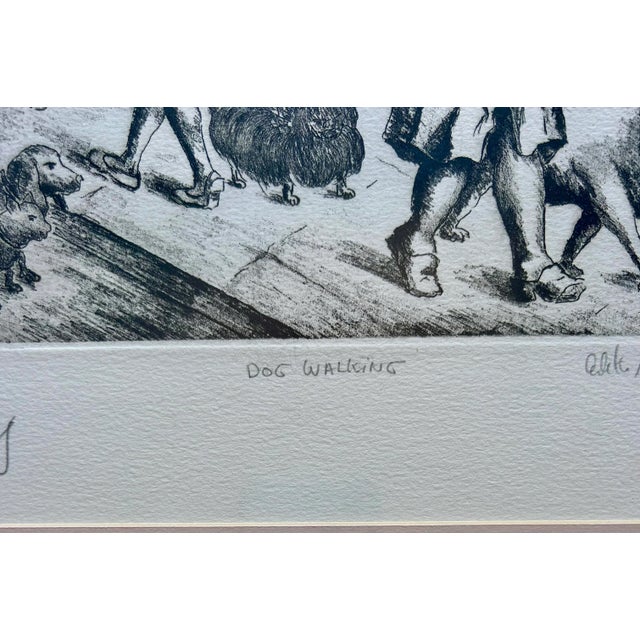 1990s Original Black & White Etching of Dog Walkers on a City Street Entitled “Dog Walking” For Sale - Image 5 of 7