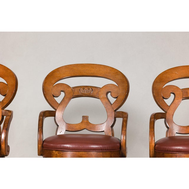 Wood Swivel Bar Stools with Carved Backs and Faux Leather Seats – Set of 3 For Sale - Image 7 of 12