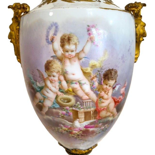 White Antique French 19th C White & Gilt Bronze Sevres Porcelain Urn Vase Lamp Angels For Sale - Image 8 of 18